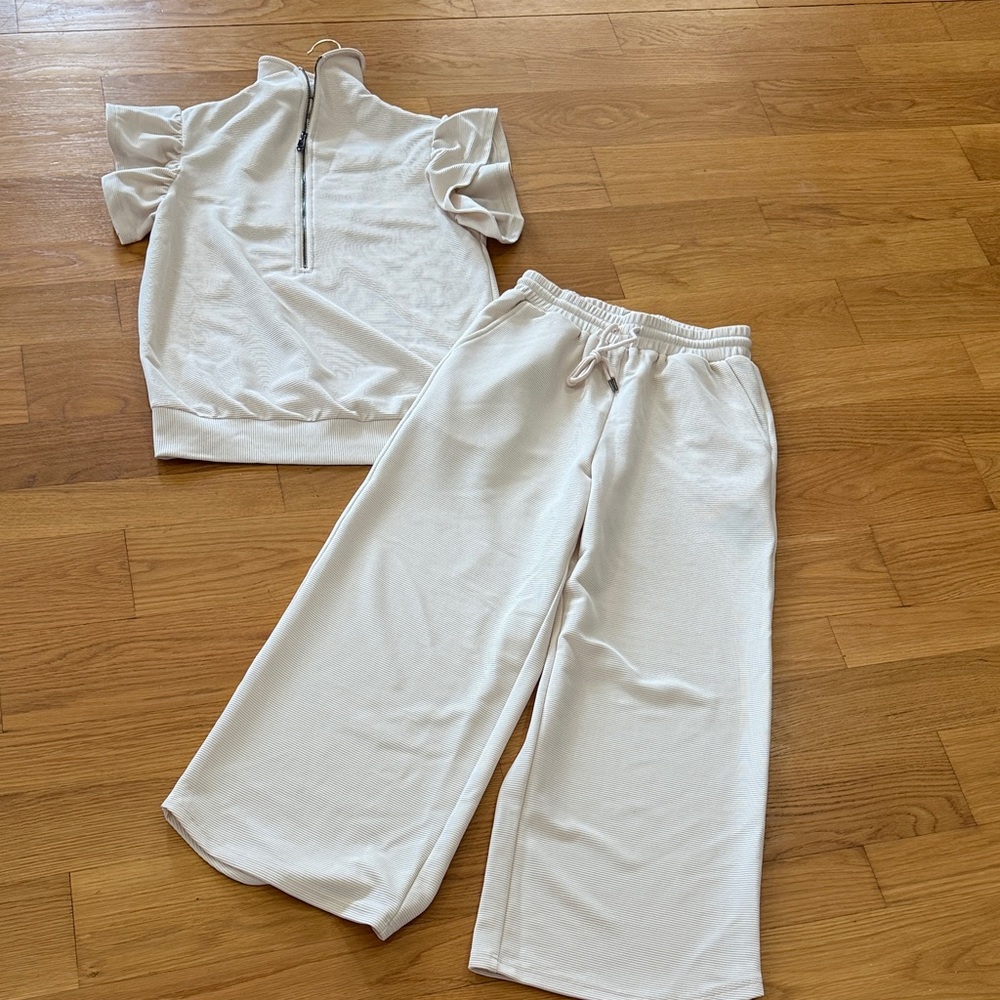 White Ruffle Sleeve Top and Wide-Leg Pants Set